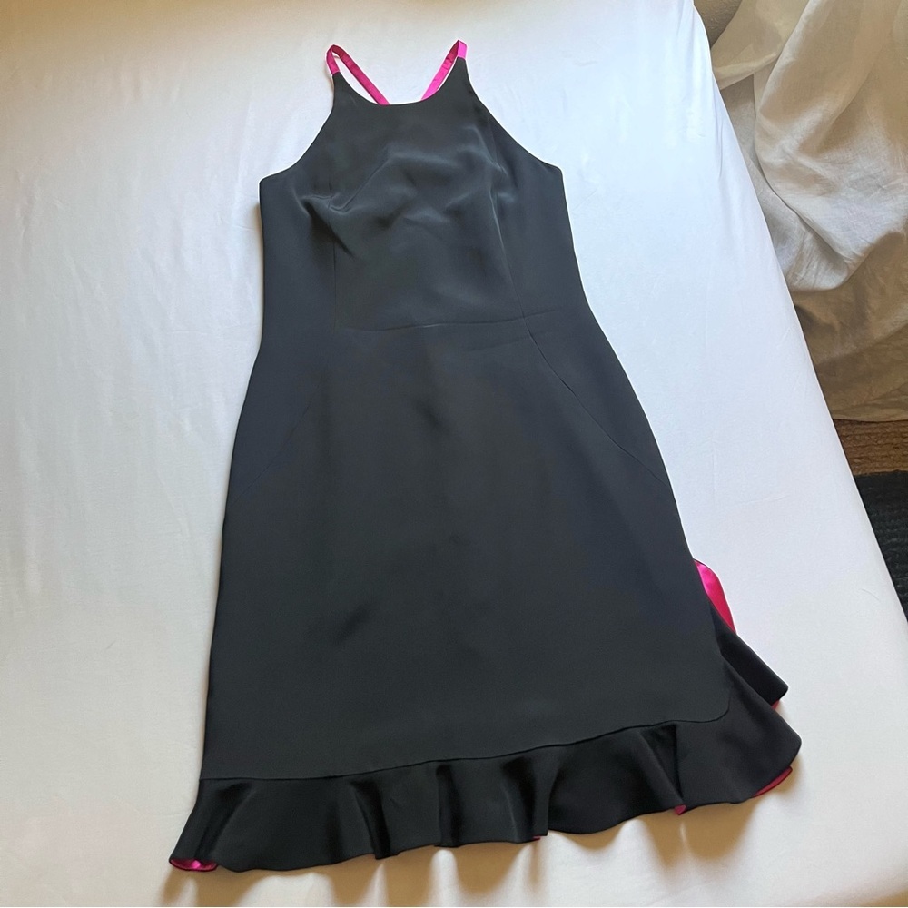FLORES & FLORES black vintage silk pink contrast ruffle hem‎ sleeveless midi